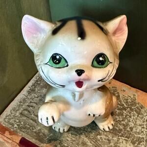 Vintage Japan Chained Cat Figurine • Green Eyes • 4.5” • Single Survivor